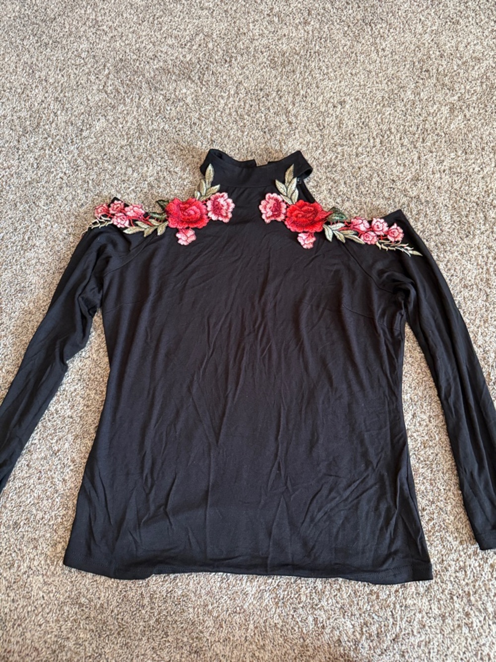 VENUS Black Cold-Shoulder Long Sleeve Top with Pink & Red Floral Appliqué